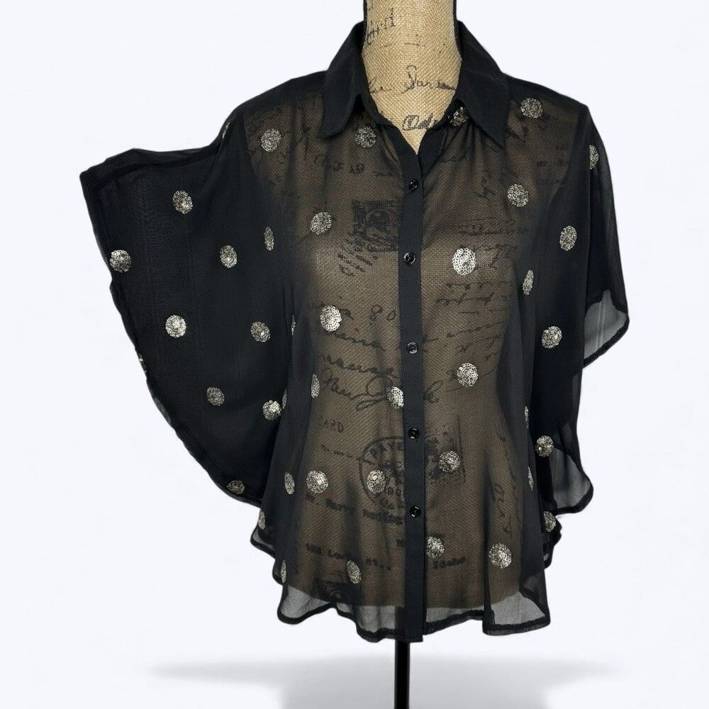 New Directions Sheer Sequin Top Sz L Black Cape Sleeve Layer Holiday Glam NYE‎